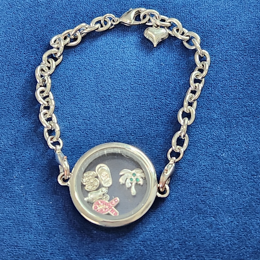 Y2K Circle Glass Locket Cute Charm Chain Link Silver Bracelet